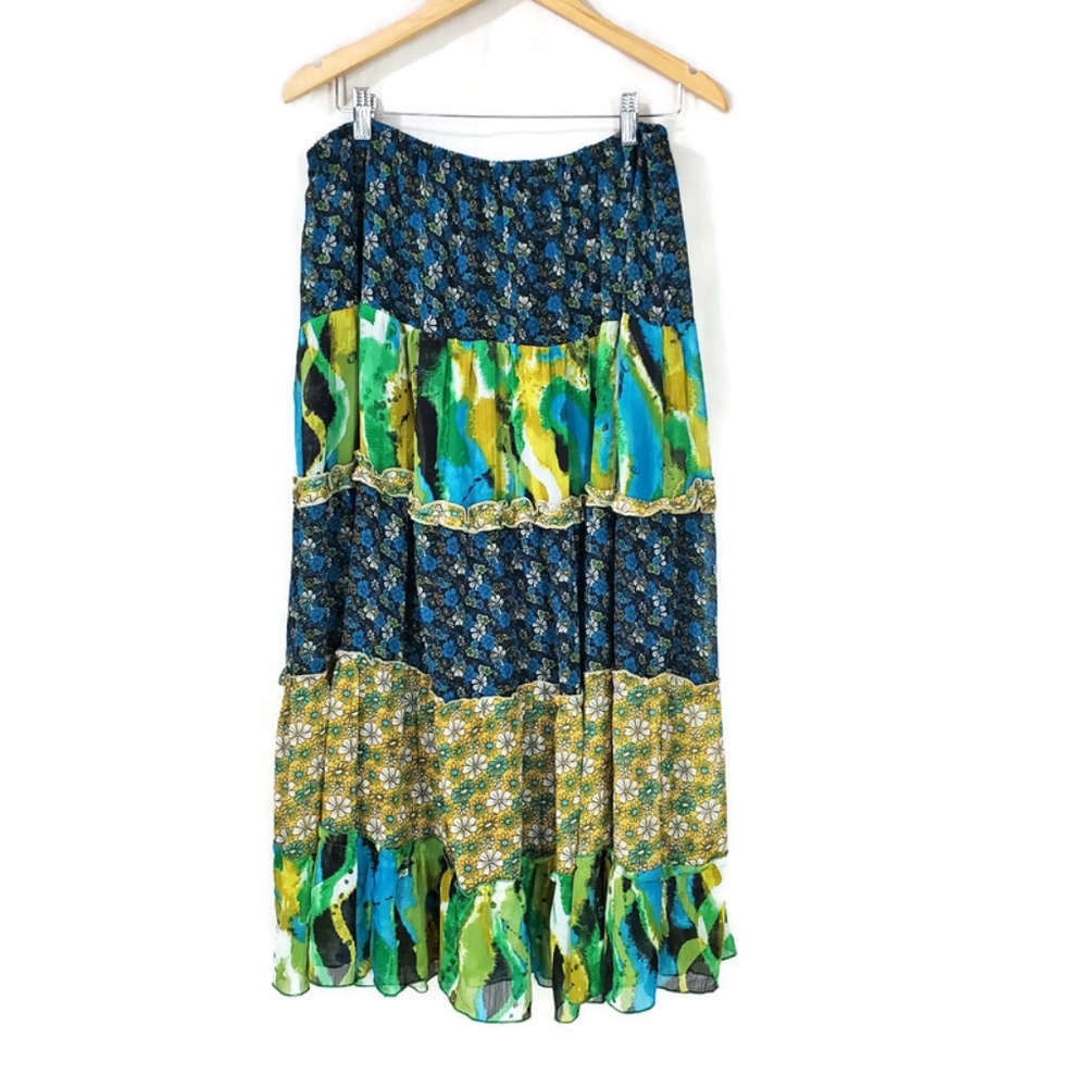 Notations Woman Tiered Maxi Skirt Blue Yellow Green Mixed Print  1X Boho Flowy
